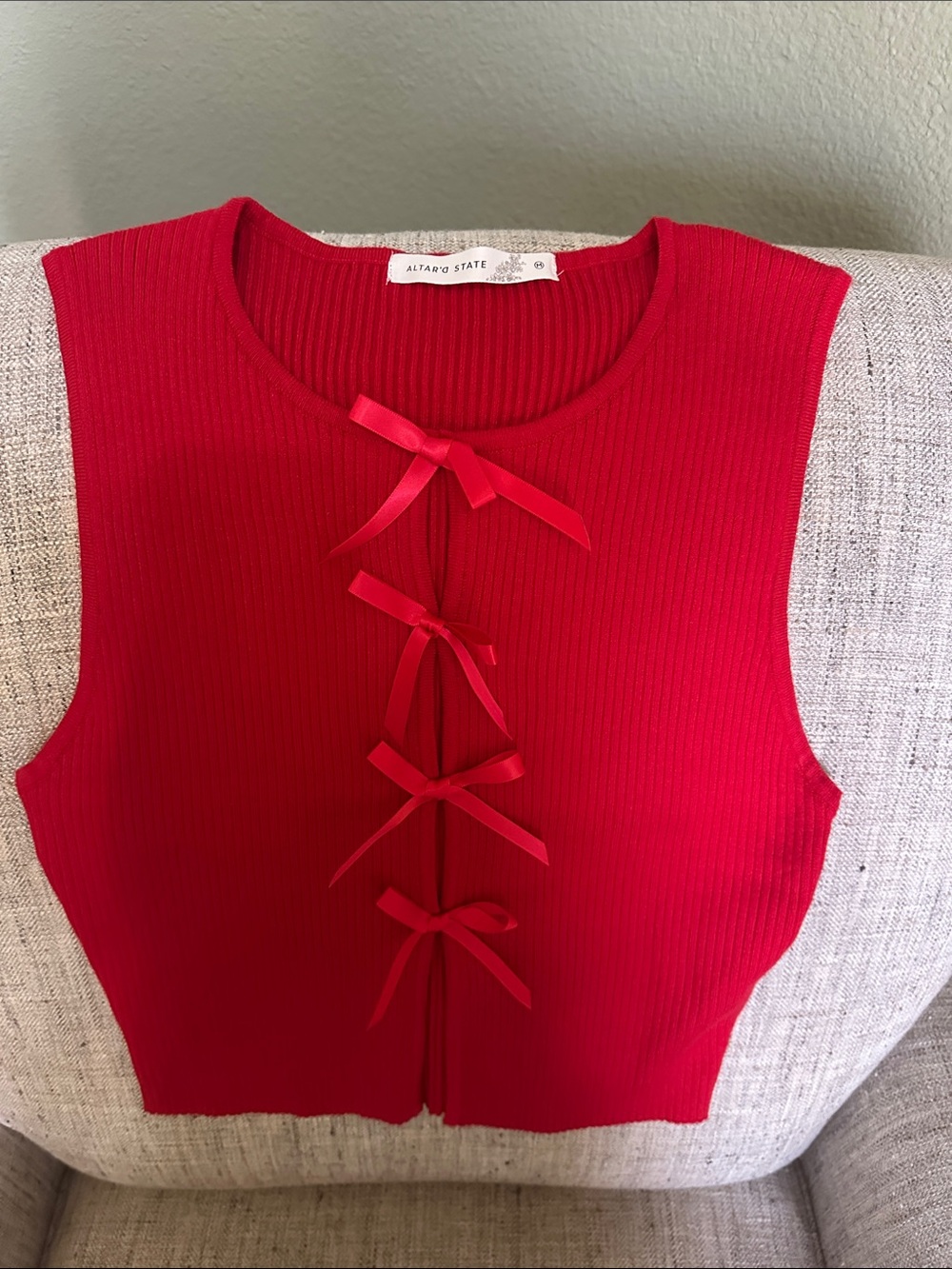 Altar'd State Bright Red Ribbed Crop Top with Bow-Tie Front